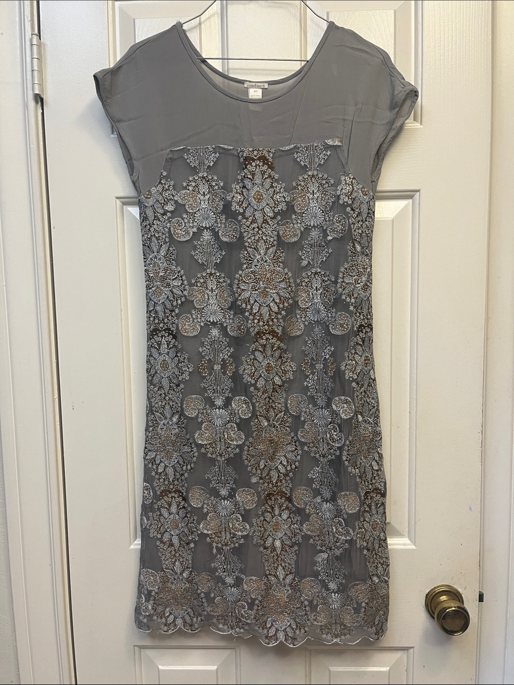 Sundance Gray/Gold Embroidered Sheath Dress XS